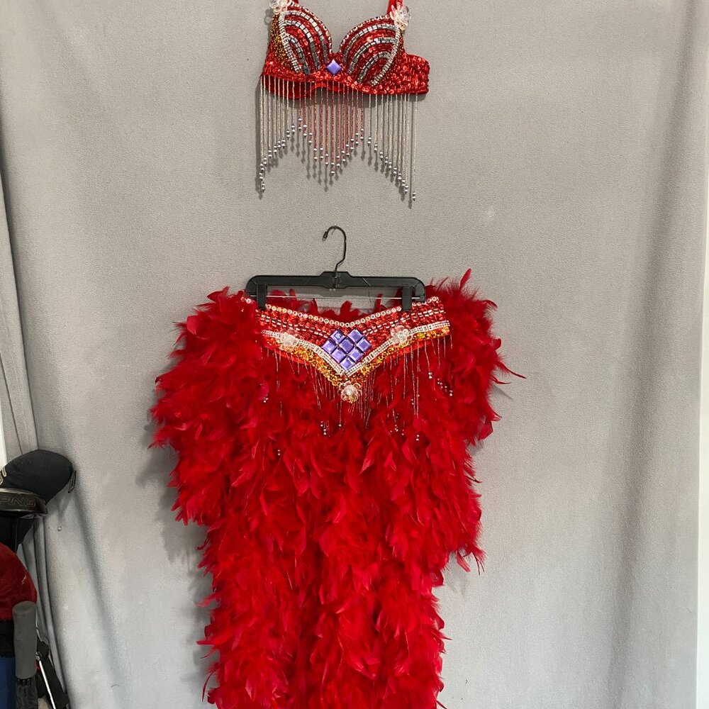Red Feathered Carnival Skirt with Beaded Waist